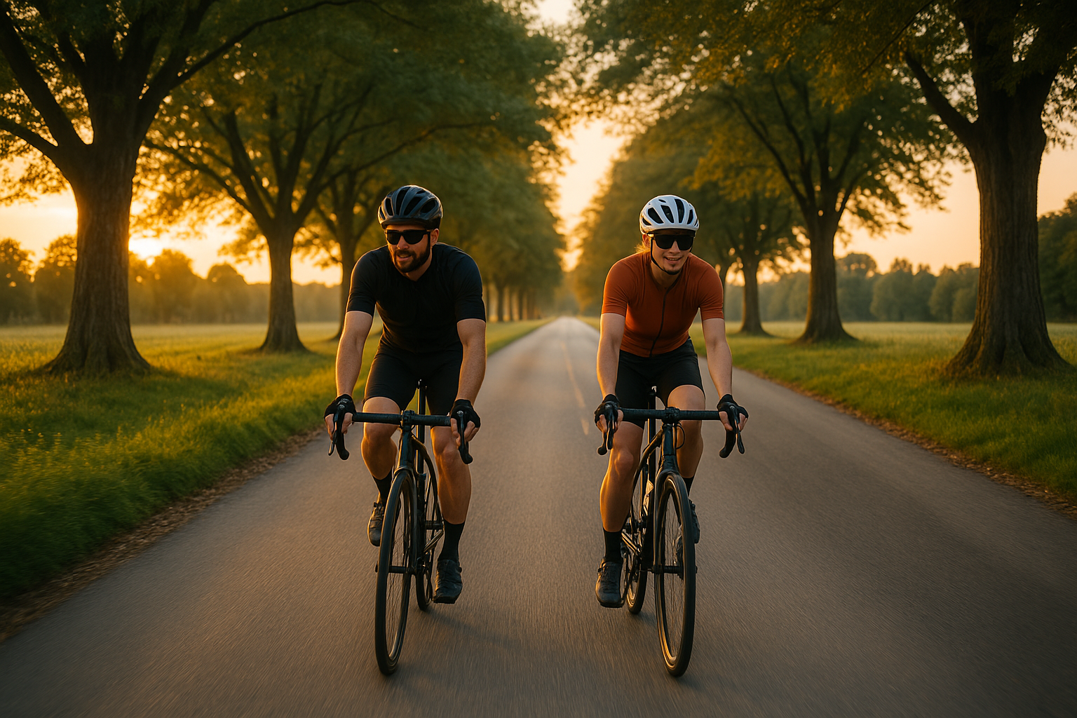 Cyclists riding along a tree‑lined road at sunset